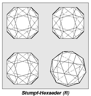 Stumpf-Hexaeder (3,3,3,3,4) (rechtsdrehend) in 4-Seiten-Ansicht